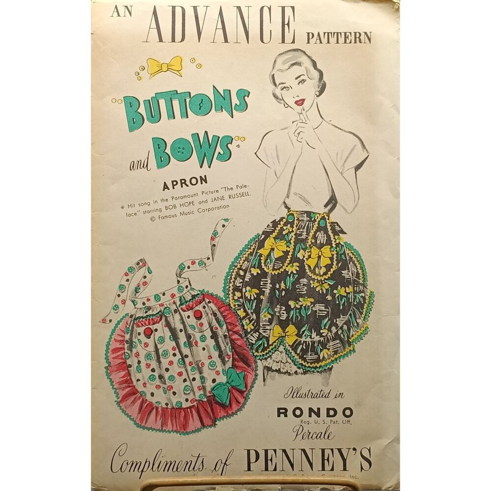 Vintage Advance Pattern For Apron "Buttons And Bows" Illustrated In Rondo Percal